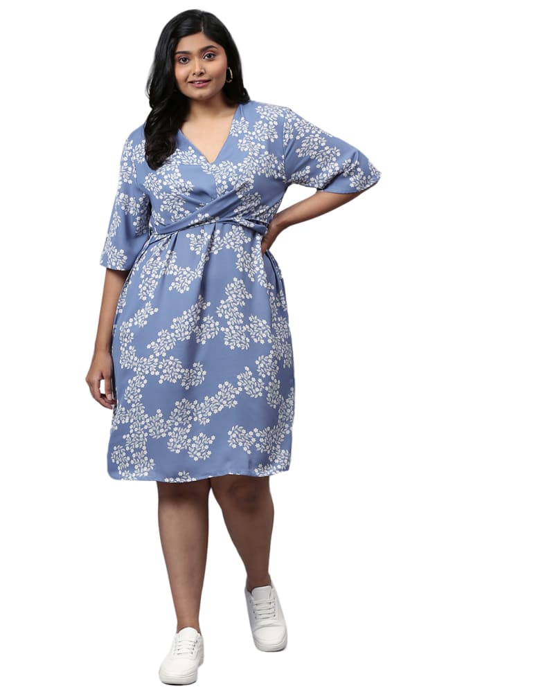 Front of a model wearing a size 3XL Floral Design Stylish Casual Dress- Dusty Blue in Dusty Blue by Instafab Plus. | dia_product_style_image_id:258245